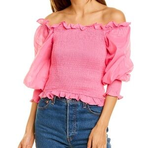 Rosewater Remi Stretchy Preppy Boho Pink Off-Shoulder Cotton Top Size Medium